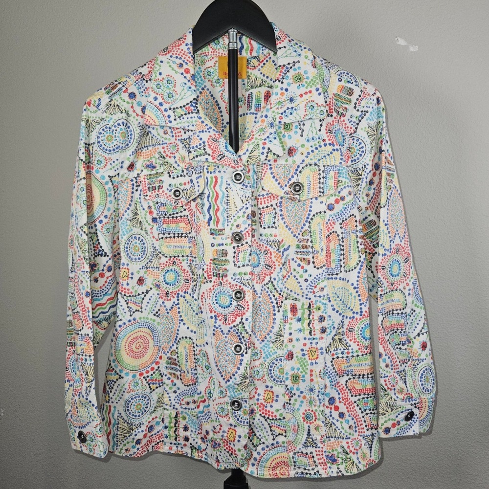 Ruby Rd Button Front Jacket Womens 10 White Multi Artistic Dot Print Art to Wear
